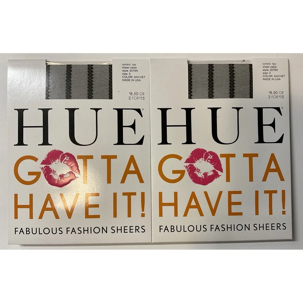 NIP 2 Pairs HUE Gotta Have It! Fashion Sheers‎ Control Top Pantyhose Sachet Sz 3